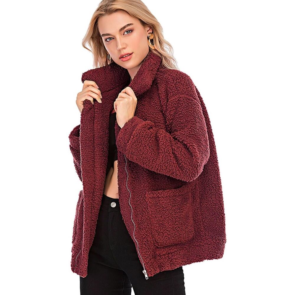 Comeon Womens Coat Shaggy Fur Jacket Fuzzy Faux Shearling Zip-Up Oversized Small